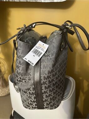 MICHAEL Michael Kors Silver Gray MK Signature Drawstring Bucket Bag